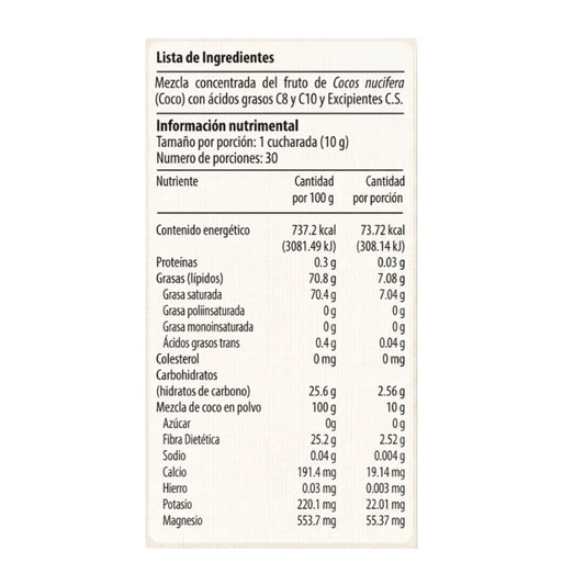 Lista de ingredientes e informacion nutrimental Cetoessens MCT Nutrabiotics