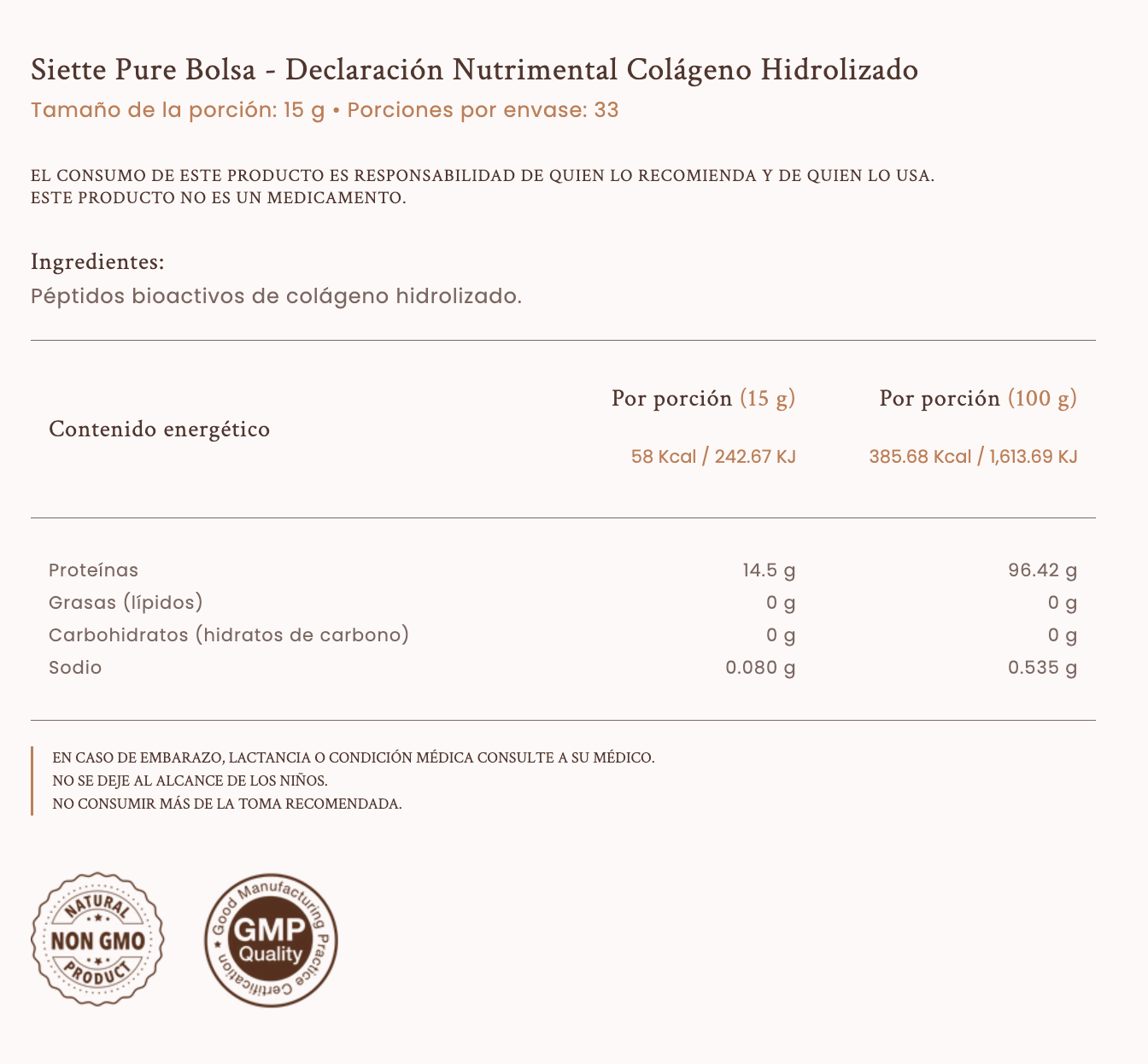 Siette Pure Péptidos Bioactivos de Colágeno Hidrolizado Bolsa 500g