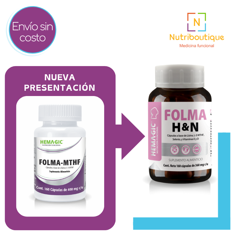 Frasco de Hemagic FOLMA MTHF y frasco Hemagic FOLMA H&N. La imagen tiene el texto: Nueva presentación, Envío sin costo y logotipo Nutriboutique Medicina Funcional.
