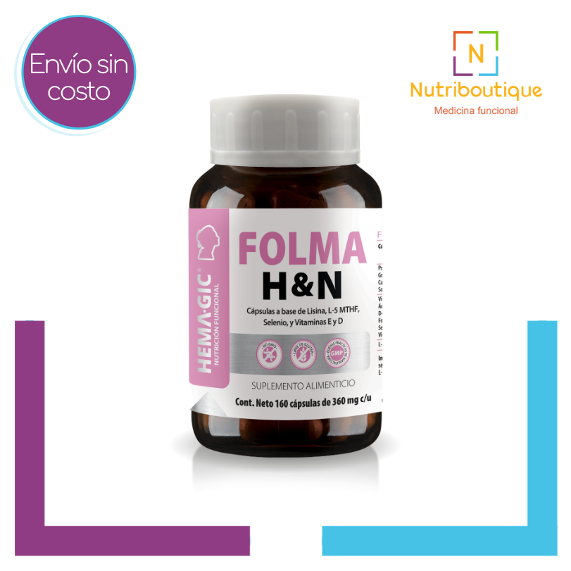 Imagen del producto Hemagic FOLMA H&N donde se ve la etiqueta. La imagen tiene el texto: Envío sin costo y logotipo Nutriboutique Medicina Funcional.