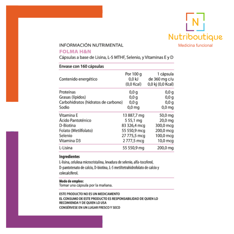 Imagen de la tabla nutrimental del producto Hemagic FOLMA H&N. La imagen tiene el logotipo Nutriboutique Medicina Funcional. Incluye el contenido del producto: combinación de siete nutrientes fundamentales de alta calidad: L-Lisina, Vitamina E, Ácido Pantoténico (Vitamian B5), Biotina, Folato (L-5 metiltetrahidrofolato), Selenio, y Vitamina D3.