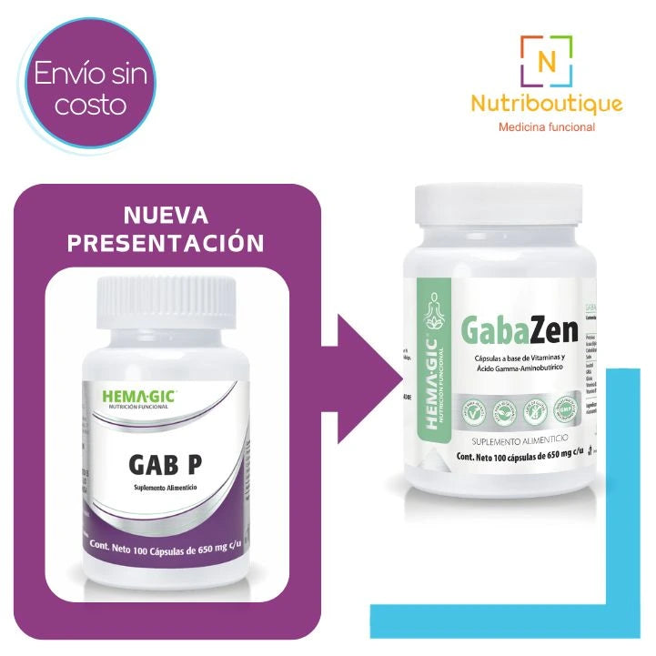 ¿Buscas Gab P? Nueva presentación: el producto Hemagic Gab P cambia a Hemagic GabaZen, con envío sin costo y logotipo de Nutriboutique Medicina Funcional.