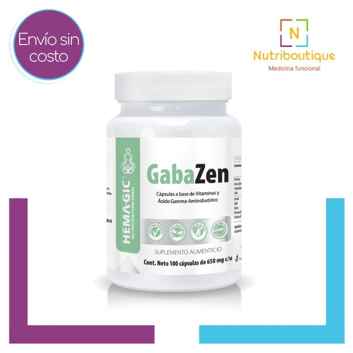 Hemagic GabaZen Frasco con 100 Cápsulas donde se ve la etiqueta. Envío sin costo y logotipo Nutriboutique Medicina Funcional.
