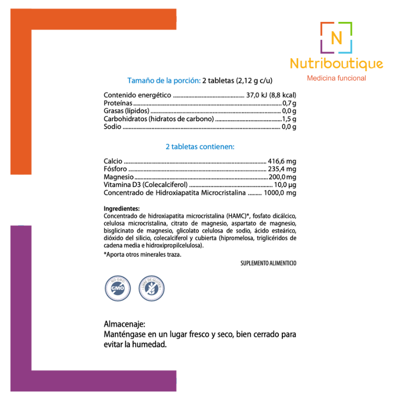 Imagen de la tabla nutrimental del producto Metagenics Cal Apatite MD. La imagen tiene el logotipo Nutriboutique Medicina Funcional. Incluye el contenido del producto: Concentrado de hidroxiapatita microcristalina (HAMC)*, fosfato dicálcico, celulosa microcristalina, citrato de magnesio, aspartato de magnesio, bisglicinato de magnesio, glicolato celulosa de sodio, ácido esteárico, dióxido del silicio, colecalciferol y cubierta (hipromelosa, triglicéridos de cadena media e hidroxipropilcelulosa). *Aporta otr