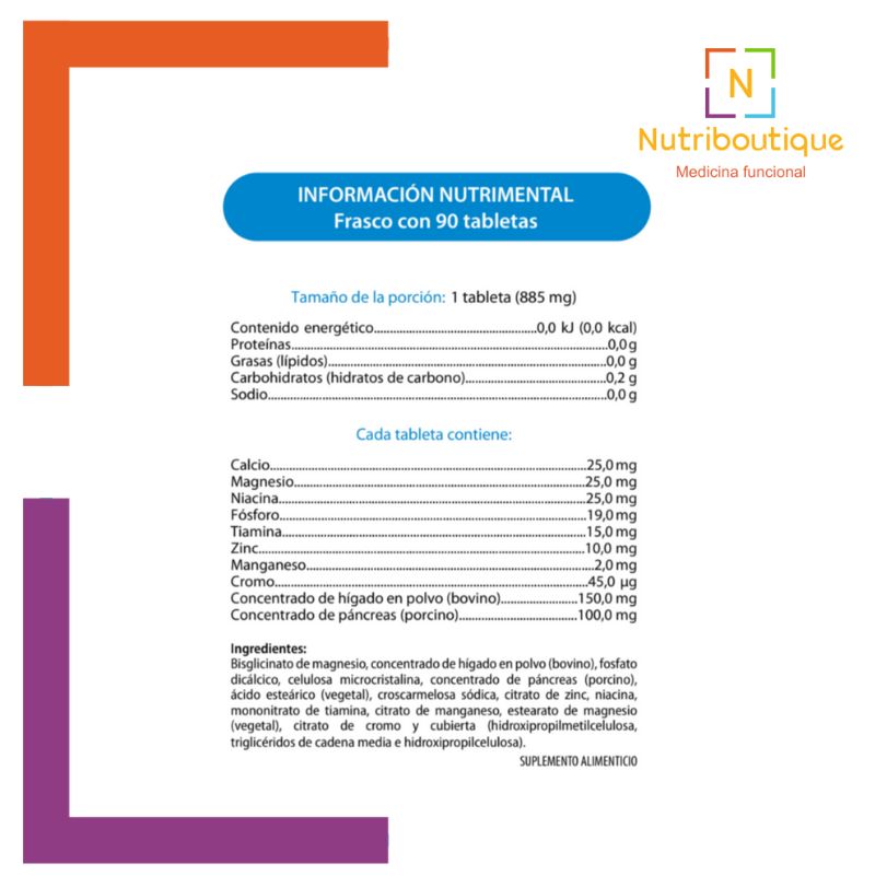 Tabla nutrimental. GL-NIC tabletas para que sirve? incluye ingredientes como bisglicinato de magnesio y concentrado de hígado en polvo. Nutriboutique Medicina Funcional