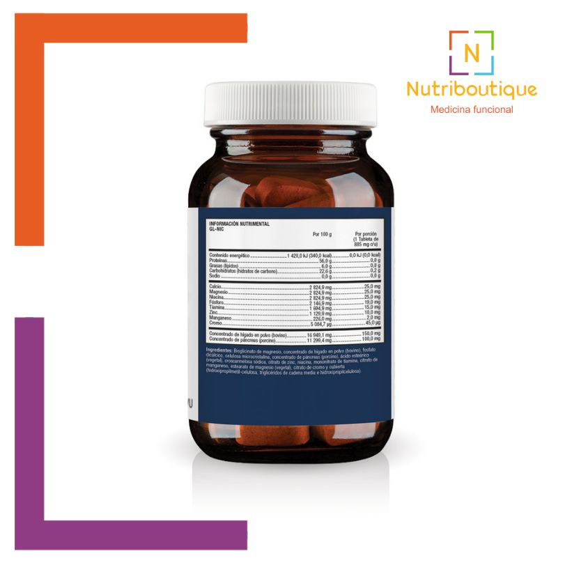 ¿Cómo tomar Metagenics GL-NIC?Etiqueta con la tabla nutrimental y la dosis de GL-NIC. Nutriboutique Medicina Funcional.