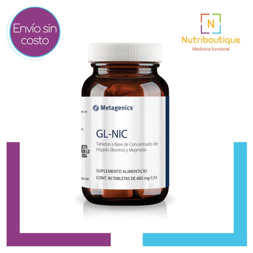 Producto Metagenics GL-NIC con etiqueta visible que destaca el envío sin costo y el logotipo de Nutriboutique Medicina Funcional.