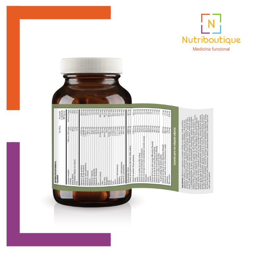 ¿Cómo se toma Metagenics PhytoMulti capsulas? ¿Metagenics PhytoMulti Quien lo puede tomar? etiqueta con la dosis y la tabla nutrimental del producto. Nutriboutique Medicina Funcional.