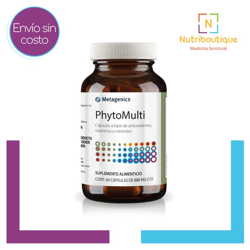 Metagenics PhytoMulti 60 Cápsulas donde se ve la etiqueta. Envío sin costo y logotipo Nutriboutique Medicina Funcional