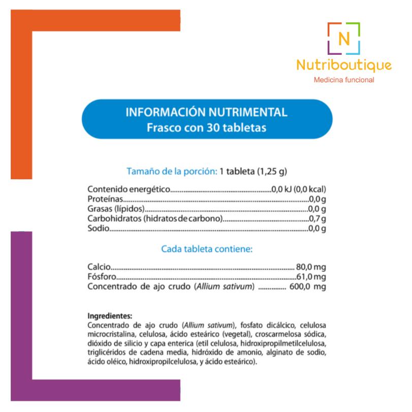 Imagen de la tabla nutrimental del producto Metagenics Garl-SU 6000. La imagen tiene el logotipo Nutriboutique Medicina Funcional. Incluye el contenido del producto: Concentrado de ajo crudo (Allium sativum), fosfato dicálcico, celulosa microcristalina, celulosa, ácido esteárico (vegetal), croscarmelosa sódica, dióxido de silicio y capa enterica (etil celulosa, hidroxipropilmetilcelulosa, triglicéridos de cadena media, hidróxido de amonio, alginato de sodio, ácido oléico, hidroxipropilcelulosa