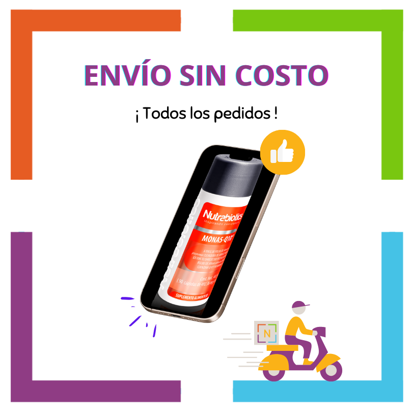 Imagen de un celular con una pieza de Nutrabiotics Monas Q-10 en la pantalla del celular. La imagen contiene el texto: "Envío sin costo", La imagen contiene el texto: "En todos los pedidos", En la imagen se ve un Vehículo de reparto a domicilio con logotipo Nutriboutique.
