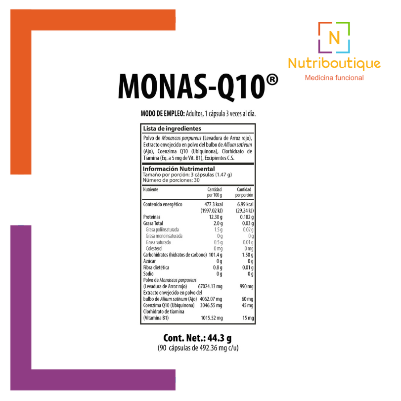 Imagen de la tabla nutrimental del producto Nutrabiotics Monas Q-10. La imagen tiene el logotipo Nutriboutique Medicina Funcional. Incluye el contenido del producto: Fórmula con polvo de Monascus purpureus, extracto del bulbo de Allium Sativum (Ajo), Coenzima Q10 y Clorhidrato de Tiamina.