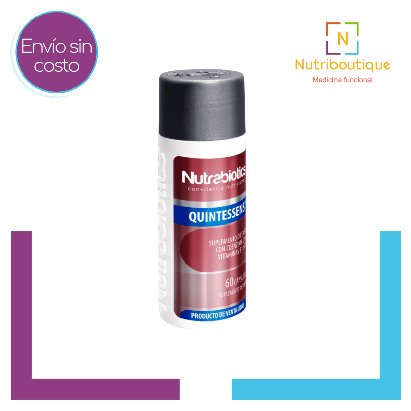 Imagen del producto Nutrabiotics QUINTESSENS donde se ve la etiqueta. La imagen tiene el texto: Envío sin costo y logotipo Nutriboutique Medicina Funcional.