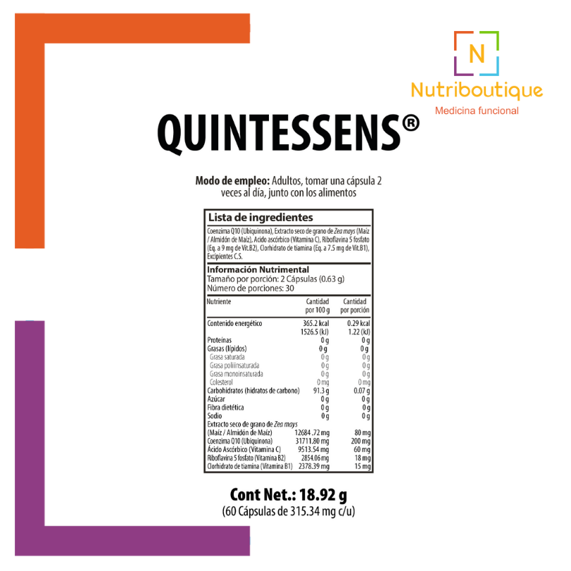 Imagen de la tabla nutrimental del producto Nutrabiotics QUINTESSENS. La imagen tiene el logotipo Nutriboutique Medicina Funcional. Incluye el contenido del producto: Fórmula con coenzima Q10 (Ubiquinona), Riboflavina y Tiamina.