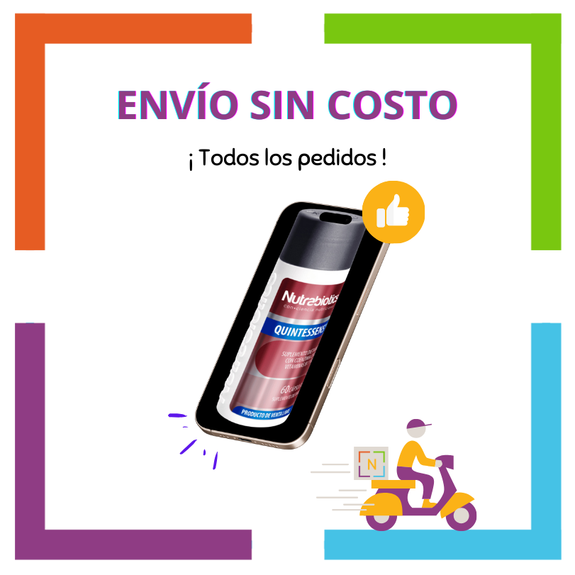 Imagen de un celular con una pieza de Nutrabiotics QUINTESSENS en la pantalla del celular. La imagen contiene: "Envío sin costo", "En todos los pedidos", y se ve un vehículo de reparto a domicilio con logotipo Nutriboutique.