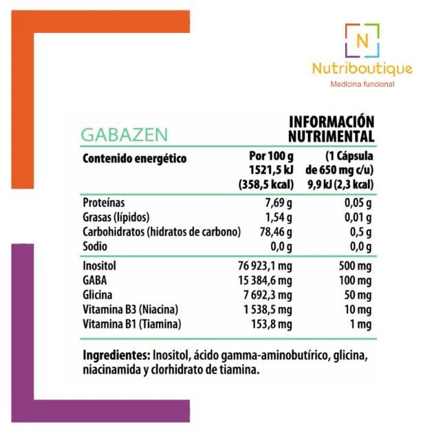 Cómo se toma Hemagic GabaZen, etiqueta con la dosis y la tabla nutrimental del producto. Nutriboutique Medicina Funcional. gab p para que sirve.