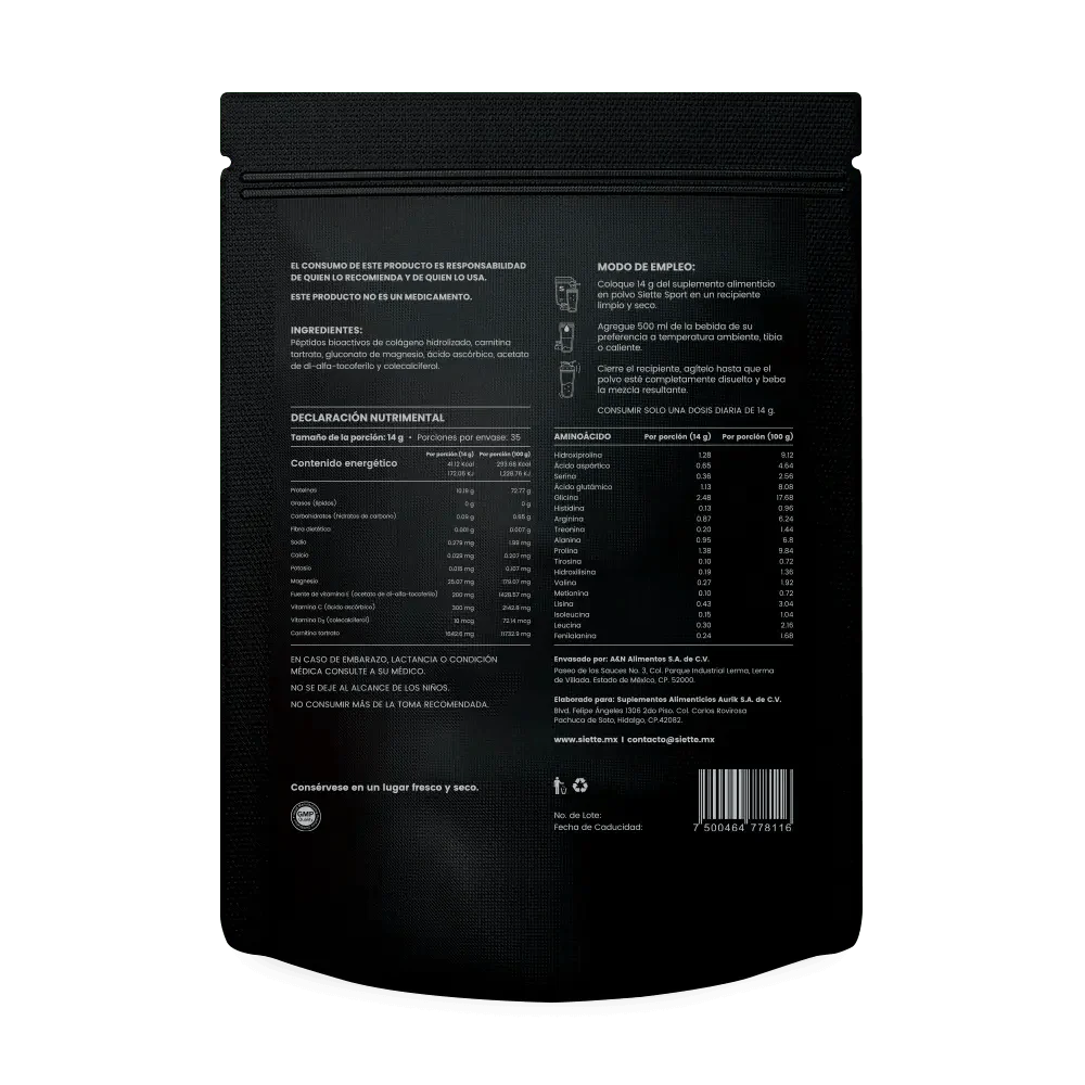 Siette Sport Péptidos Bioactivos de Colágeno Hidrolizado 500g