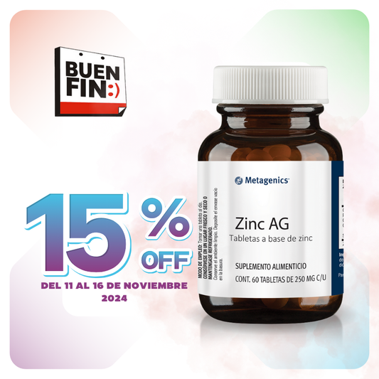 Imagen del producto Metagenics Zinc AG donde se ve la etiqueta y descuento de buen fin del 15% de descuento.