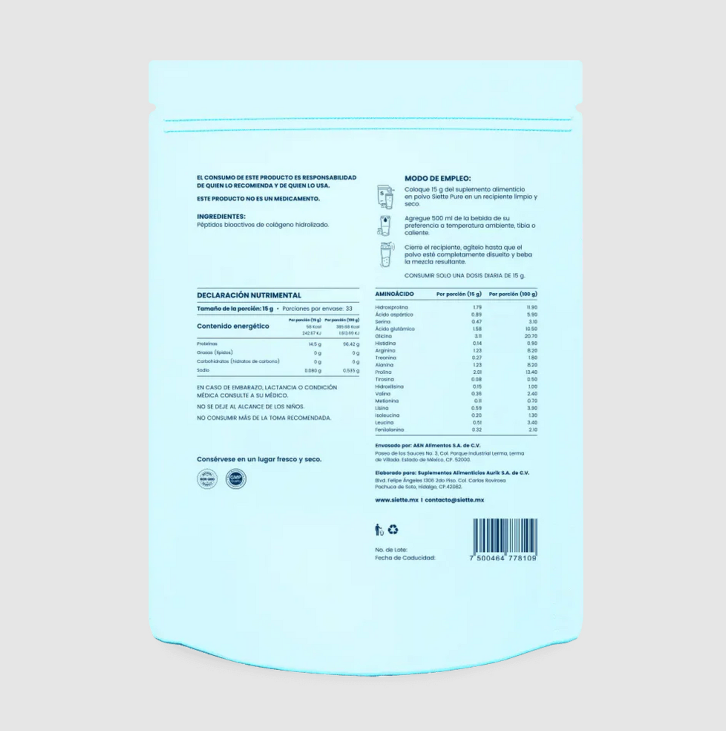 Siette Pure Péptidos Bioactivos de Colágeno Hidrolizado Bolsa 500g