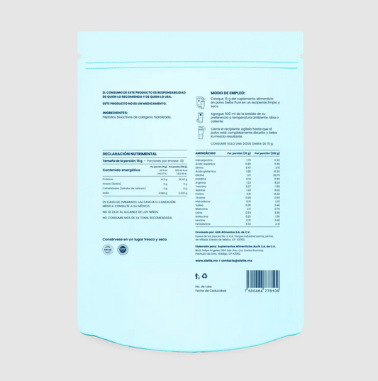 Siette Pure Péptidos Bioactivos de Colágeno Hidrolizado Bolsa 500g