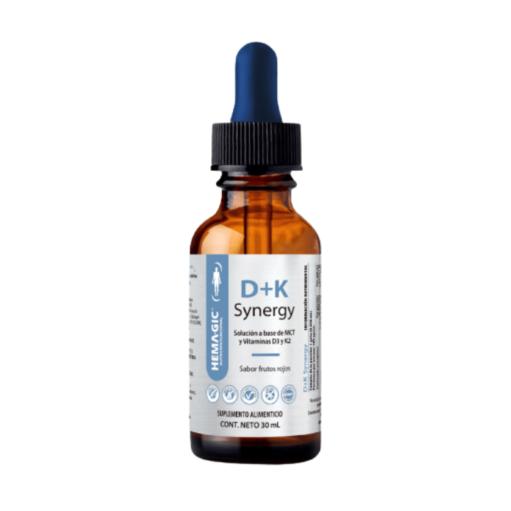 Frasco gotero de Hemagic D+K Synergy, 30 ml con vitamina D3 y K2, vista frontal del empaque ámbar