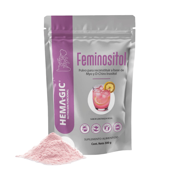 Sobre de Hemagic FEMINOSITOL, polvo para reconstituir, vista frontal del empaque con etiqueta morada