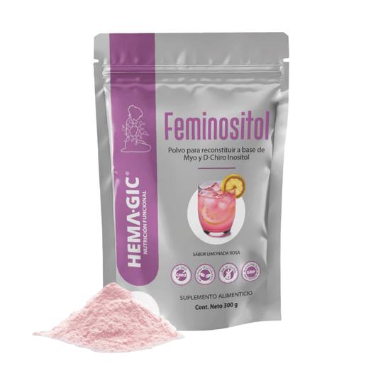 Sobre de Hemagic FEMINOSITOL, polvo para reconstituir, vista frontal del empaque con etiqueta morada