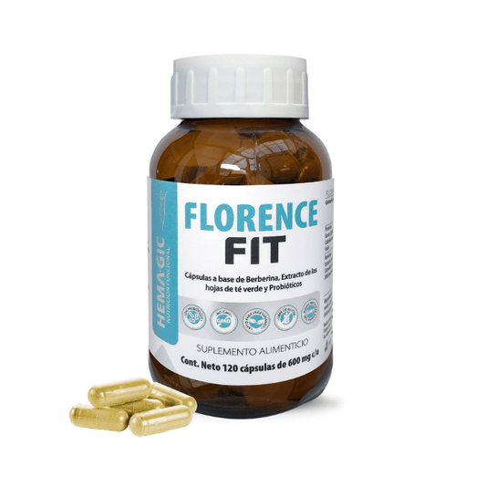 Frasco de Hemagic FLORENCE FIT, 120 cápsulas, vista frontal del empaque con etiqueta azul turquesa