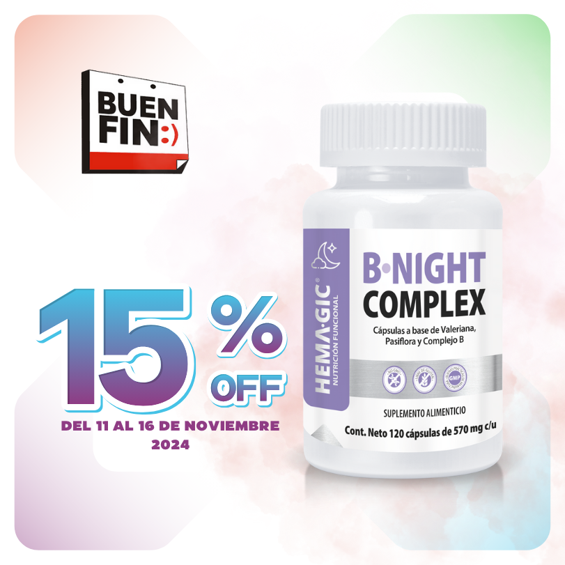 Imagen del producto Hemagic B-NIGHT COMPLEX donde se ve la etiqueta. Buen fin, descuento 15% 