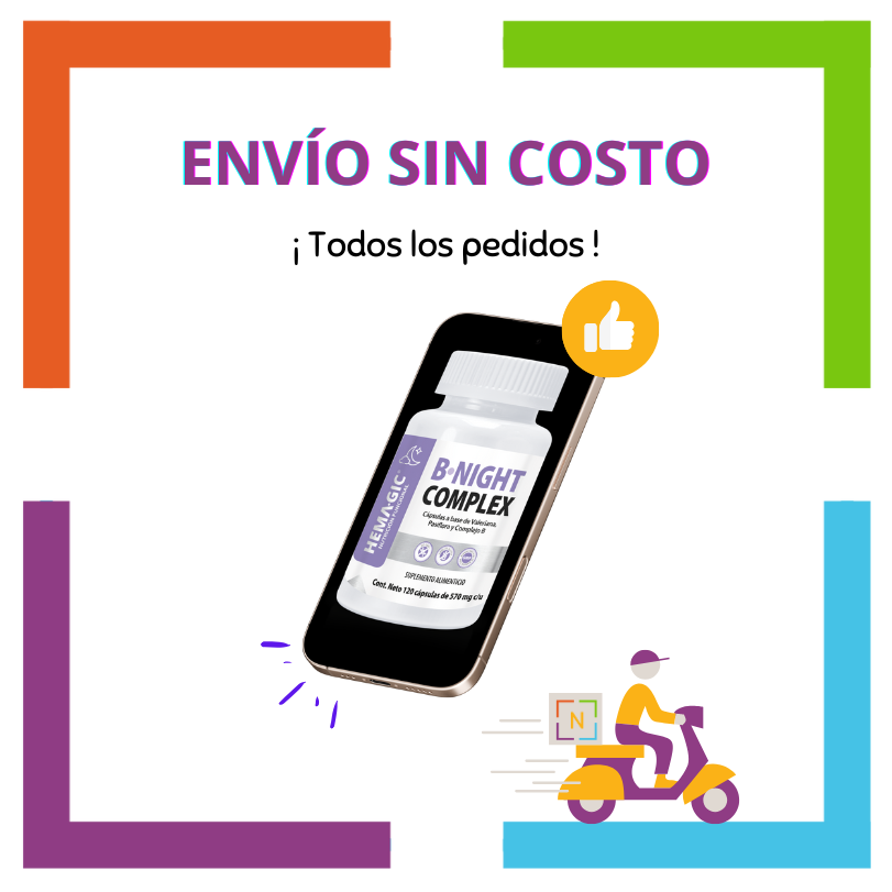 Imagen de un celular con una pieza de Hemagic B-NIGHT COMPLEX en la pantalla del celular. La imagen contiene: "Envío sin costo", "En todos los pedidos", y se ve un vehículo de reparto a domicilio con logotipo Nutriboutique.