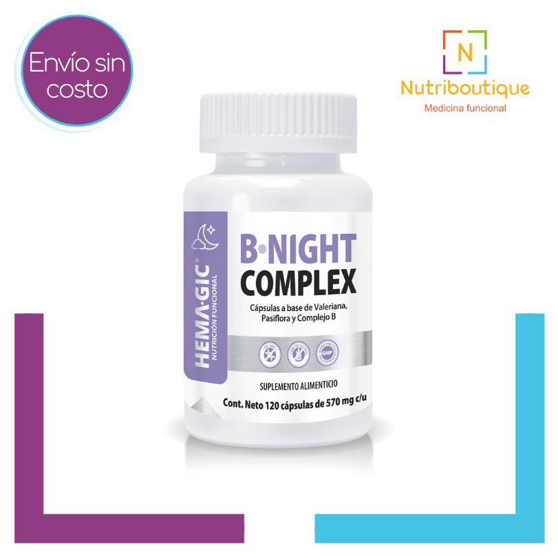 Imagen del producto Hemagic B-NIGHT COMPLEX donde se ve la etiqueta. La imagen tiene el texto: Envío sin costo y logotipo Nutriboutique Medicina Funcional.