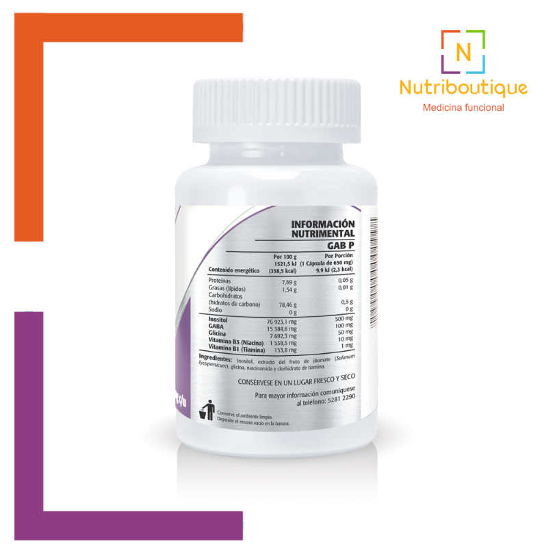  Imagen de la tabla nutrimental del producto Hemagic B-NIGHT COMPLEX. La imagen tiene el logotipo Nutriboutique Medicina Funcional. Incluye el contenido del producto: Vitamina B1 (tiamina), vitamina B2 (riboflavina), vitamina B3 (niacina), vitamina B5 (ácido pantoténico), vitamina B6 (piridoxina), vitamina B8 (biotina), vitamina B9 (ácido fólico) y vitamina B12 (cobalamina)], además, también aporta colina e inositol, y está complementada con Valeriana y Pasiflora.