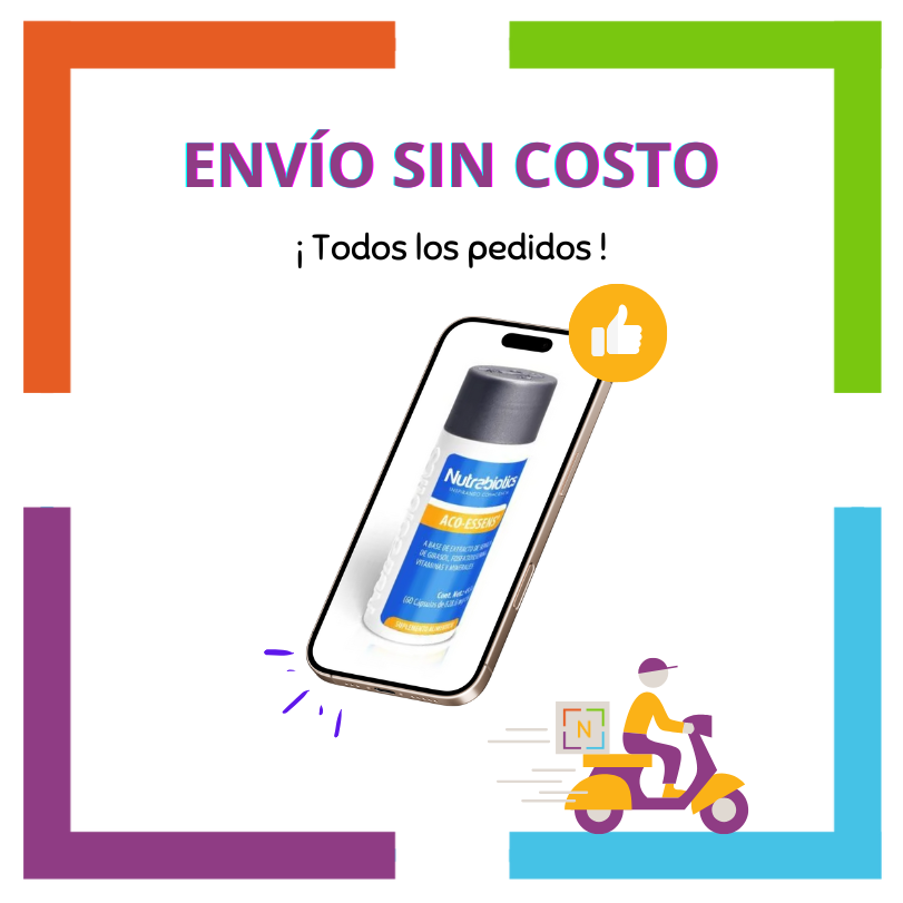 Imagen de un celular con una pieza de Nutrabiotics Aco-essens en la pantalla del celular. La imagen contiene el texto: "Envío sin costo", "En todos los pedidos", y se ve un vehículo de reparto a domicilio con logotipo Nutriboutique.