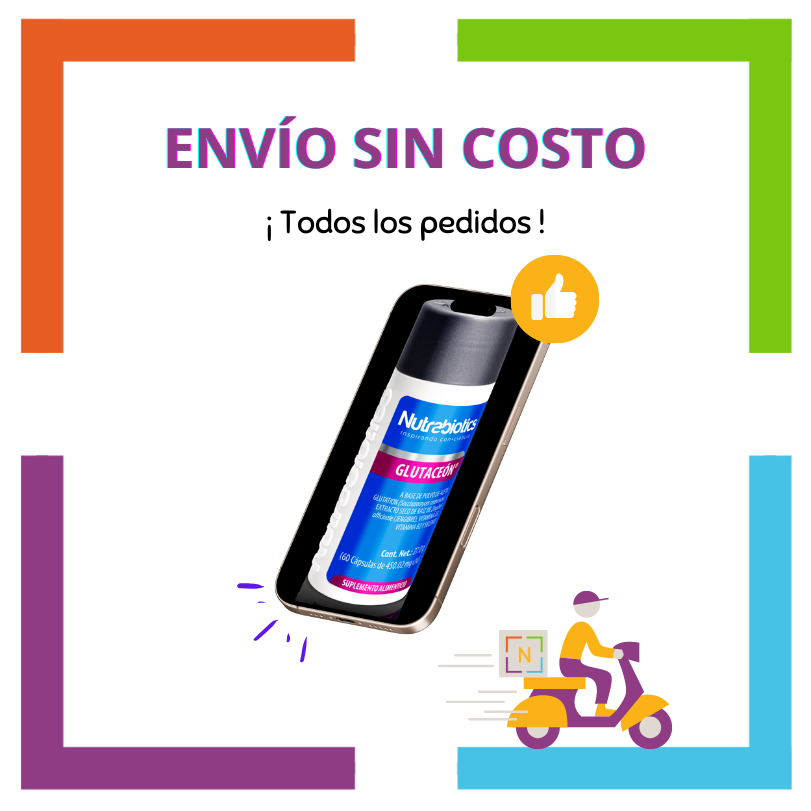 Imagen de un celular con una pieza de Nutrabiotics Glutaceon en la pantalla del celular. La imagen contiene el texto: "Envío sin costo", "En todos los pedidos", y se ve un vehículo de reparto a domicilio con logotipo Nutriboutique.