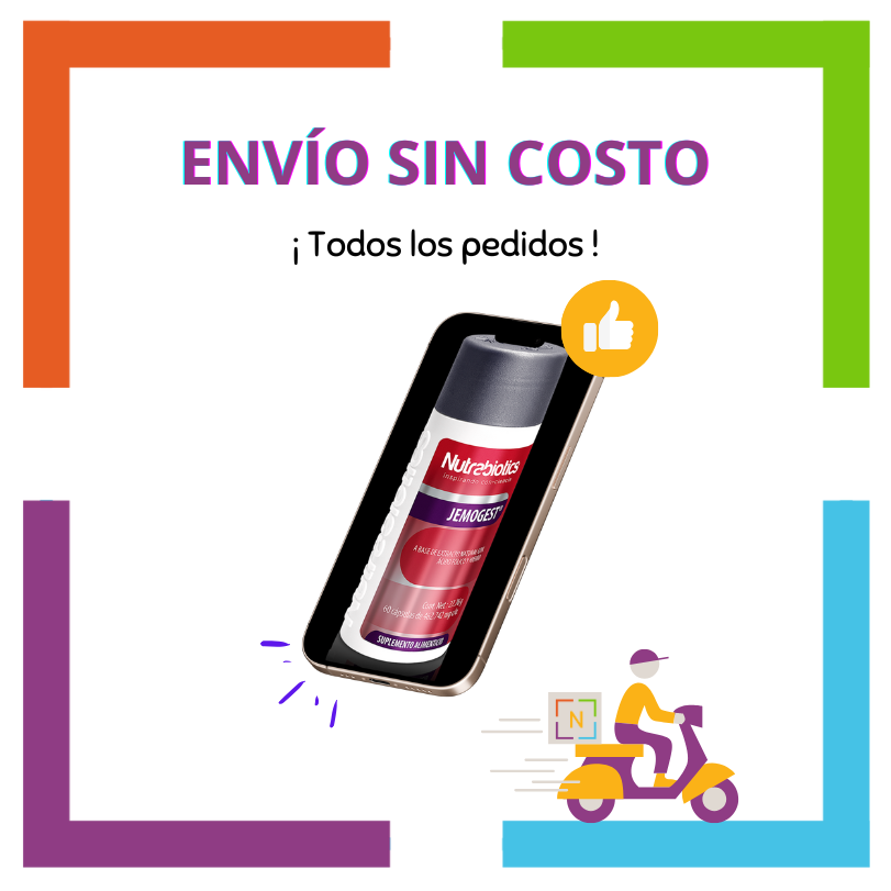 Imagen de un celular con una pieza de Nutrabiotics Jemogest en la pantalla del celular. La imagen contiene: La imagen contiene el texto: "Envío sin costo", La imagen contiene el texto: "En todos los pedidos", En la imagen se ve un Vehículo de reparto a domicilio con logotipo Nutributique