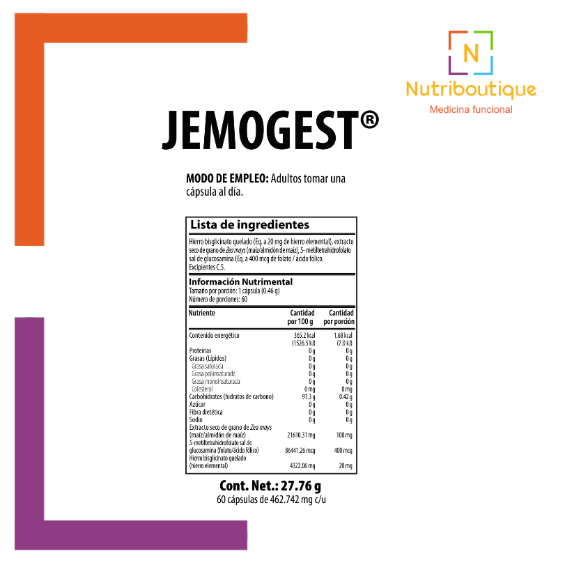 Imagen de la tabla nutrimental del producto Nutrabiotics Jemogest. La imagen tiene el logotipo Nutriboutique Medicina Funcional. Incluye el contenido del producto: Hierro bisglicinato quelado y 5-metiltetrahidrofolato sal de glucosamina.