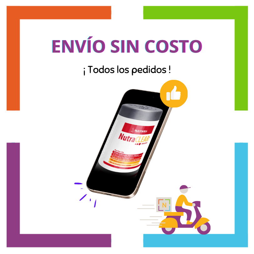 Imagen de un celular con una pieza de Nutrabiotics NutraCLEAR en la pantalla del celular. La imagen contiene el texto: "Envío sin costo", "En todos los pedidos", y se ve un vehículo de reparto a domicilio con logotipo Nutriboutique.

