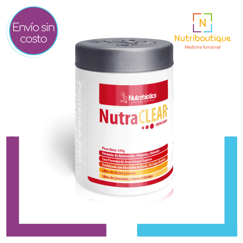 Imagen del producto Nutrabiotics NutraCLEAR donde se ve la etiqueta. La imagen tiene el texto: Envío sin costo y logotipo Nutriboutique Medicina Funcional.