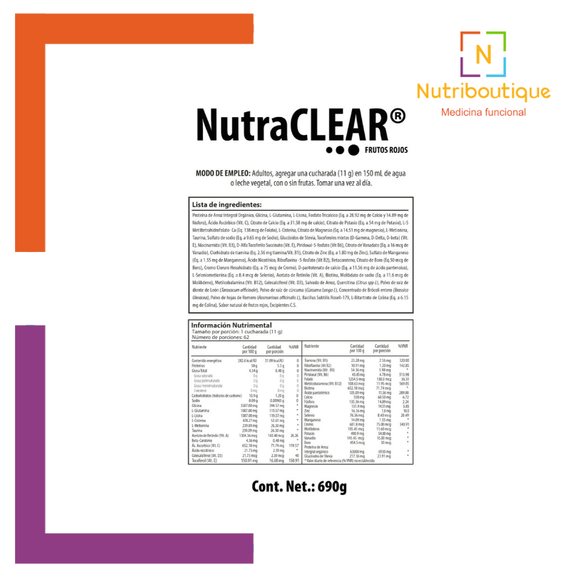 Imagen de la tabla nutrimental del producto Nutrabiotics NutraCLEAR. La imagen tiene el logotipo Nutriboutique Medicina Funcional. Incluye el contenido del producto: Fórmula a base de Aminoácidos, Vitaminas, Minerales y Proteína de arroz integral orgánico.