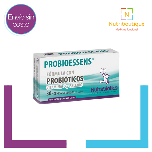 Imagen del producto Nutrabiotics Probioessens donde se ve la etiqueta. La imagen tiene el texto: Envío sin costo y logotipo Nutriboutique Medicina Funcional.