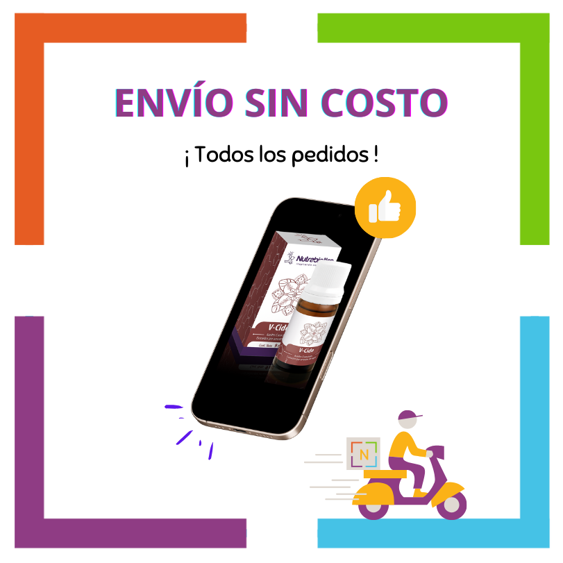 Imagen de un celular con una pieza de Nutrabiotics V-Cide en la pantalla del celular. La imagen contiene el texto: "Envío sin costo", "En todos los pedidos", y se ve un vehículo de reparto a domicilio con logotipo Nutriboutique.