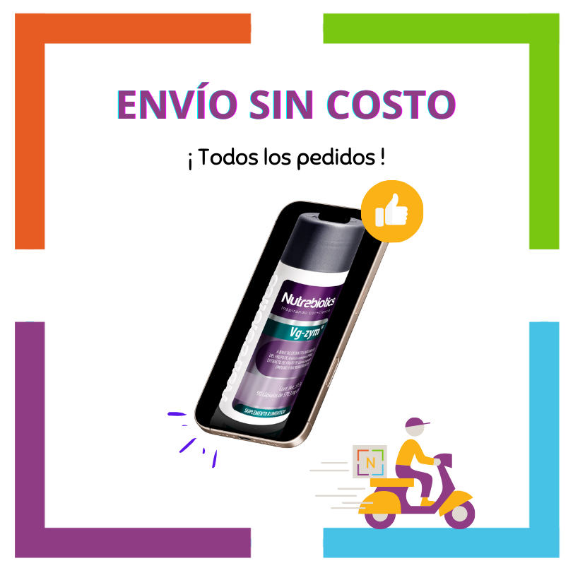 Imagen de un celular con una pieza de Nutrabiotics Vg-zym en la pantalla del celular. La imagen contiene el texto: "Envío sin costo", "En todos los pedidos", y se ve un vehículo de reparto a domicilio con logotipo Nutriboutique.