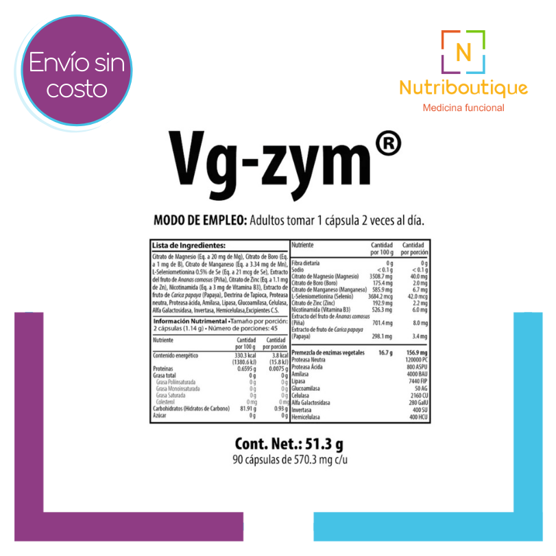 Imagen de la tabla nutrimental del producto Nutrabiotics Vg-zym. La imagen tiene el logotipo Nutriboutique Medicina Funcional. Incluye el contenido del producto: Citrato de Magnesio, Citrato de Boro, Citrato de Manganeso, L-Seleniometionina, Citrato de Zinc, Nicotinamida, Proteasa, Amilasa, Lipasa, Glucoamilasa, Celulasa, Bromelina, Papaina, Alfa Galactosidasa, Invertasa, Hemicelulasa.