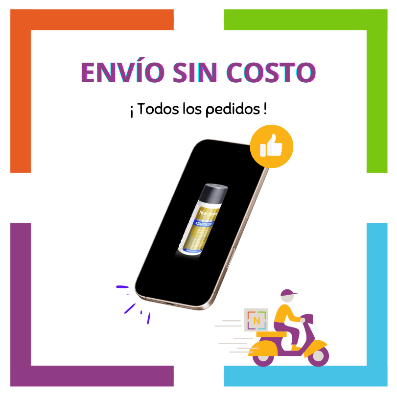 Imagen de un celular con una pieza de Nutrabiotics Adaptaessense en la pantalla del celular. La imagen contiene el texto: "Envío sin costo", "En todos los pedidos", y se ve un vehículo de reparto a domicilio con logotipo Nutriboutique.