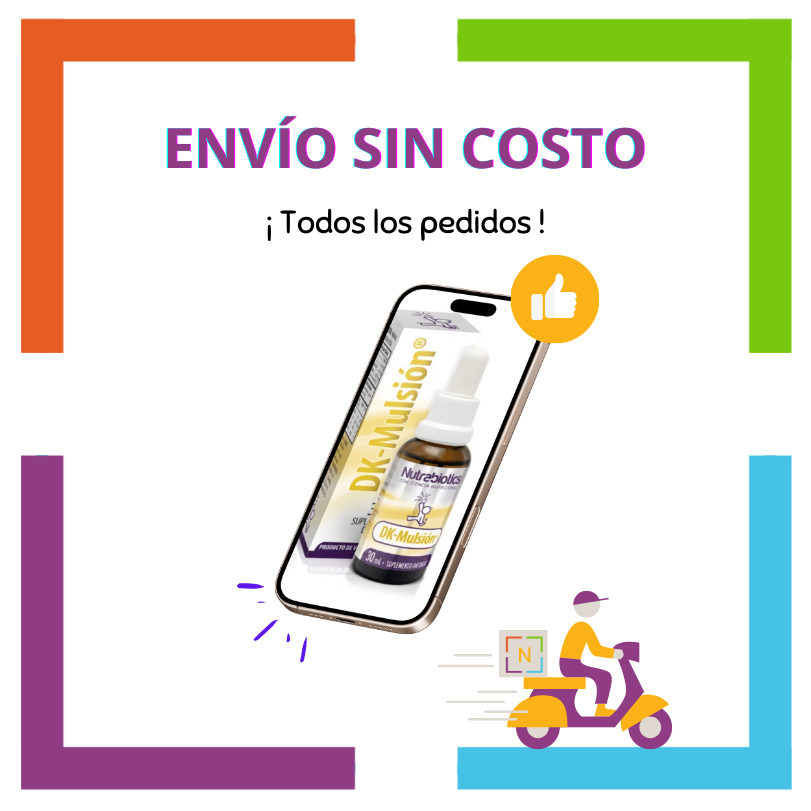 Imagen de un celular con una pieza de Nutrabiotics DK Mulsion en la pantalla del celular. La imagen contiene el texto: "Envío sin costo", "En todos los pedidos", y se ve un vehículo de reparto a domicilio con logotipo Nutriboutique.