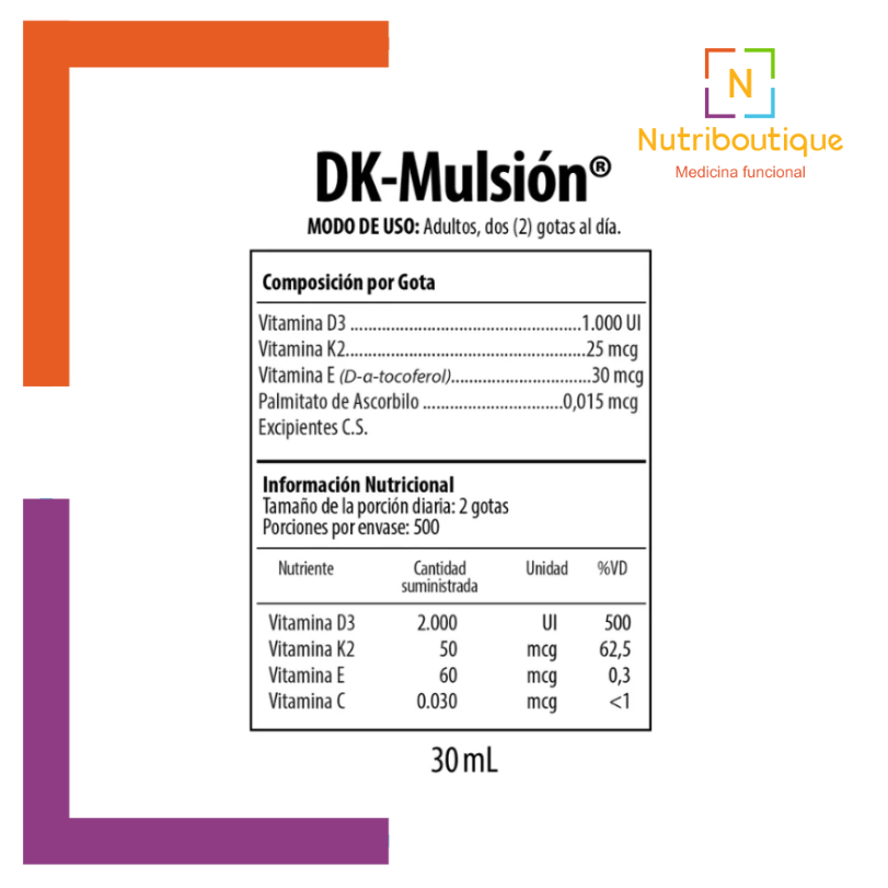 Imagen de la tabla nutrimental del producto Nutrabiotics DK Mulsion. La imagen tiene el logotipo Nutriboutique Medicina Funcional. Vitamina D3 1.000 UI, Vitamina K2 25 mcg, Vitamina E (D-alfa-tocoferol) 30 mcg, Palmitato de Ascorbilo