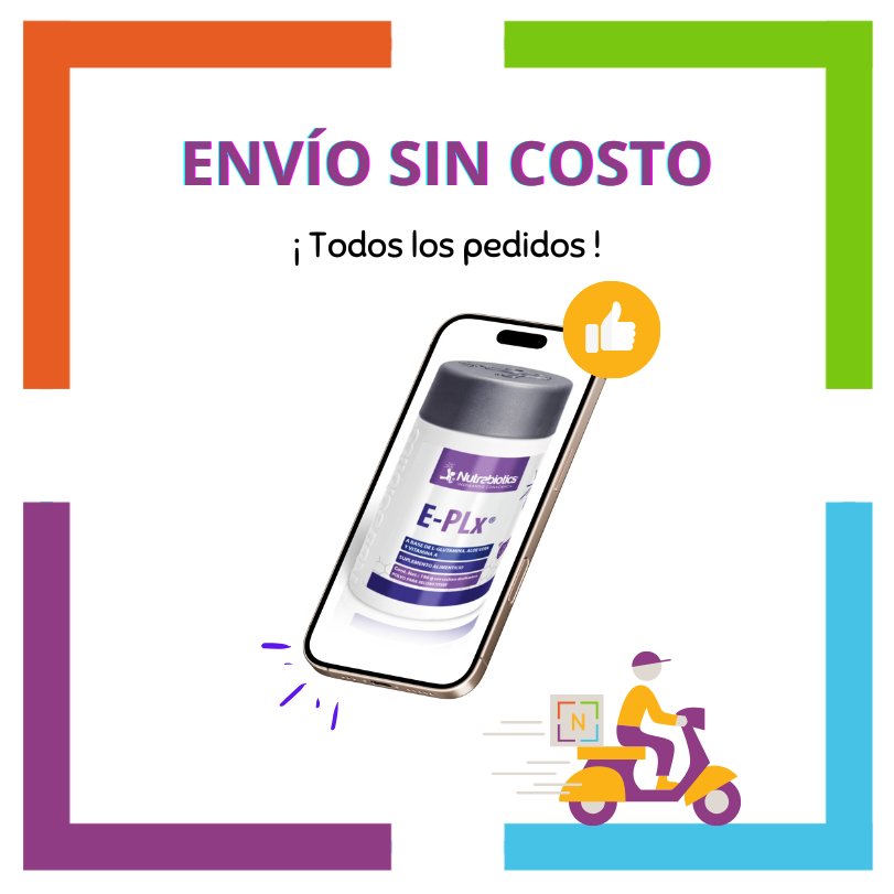 Imagen de un celular con una pieza de Nutrabiotics E-PLX en la pantalla del celular. La imagen contiene el texto: "Envío sin costo", "En todos los pedidos", y se ve un vehículo de reparto a domicilio con logotipo Nutriboutique.