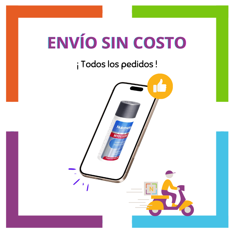 Imagen de un celular con una pieza de Nutrabiotics Myoessens en la pantalla del celular. La imagen contiene: "Envío sin costo", "En todos los pedidos", y se ve un vehículo de reparto a domicilio con logotipo Nutriboutique.