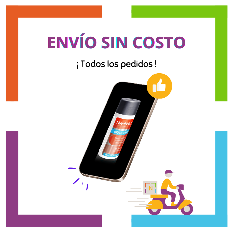 Imagen de un celular con una pieza de Nutrabiotics Omegaessens en la pantalla del celular. La imagen contiene el texto: "Envío sin costo", La imagen contiene el texto: "En todos los pedidos", En la imagen se ve un Vehículo de reparto a domicilio con logotipo Nutriboutique.