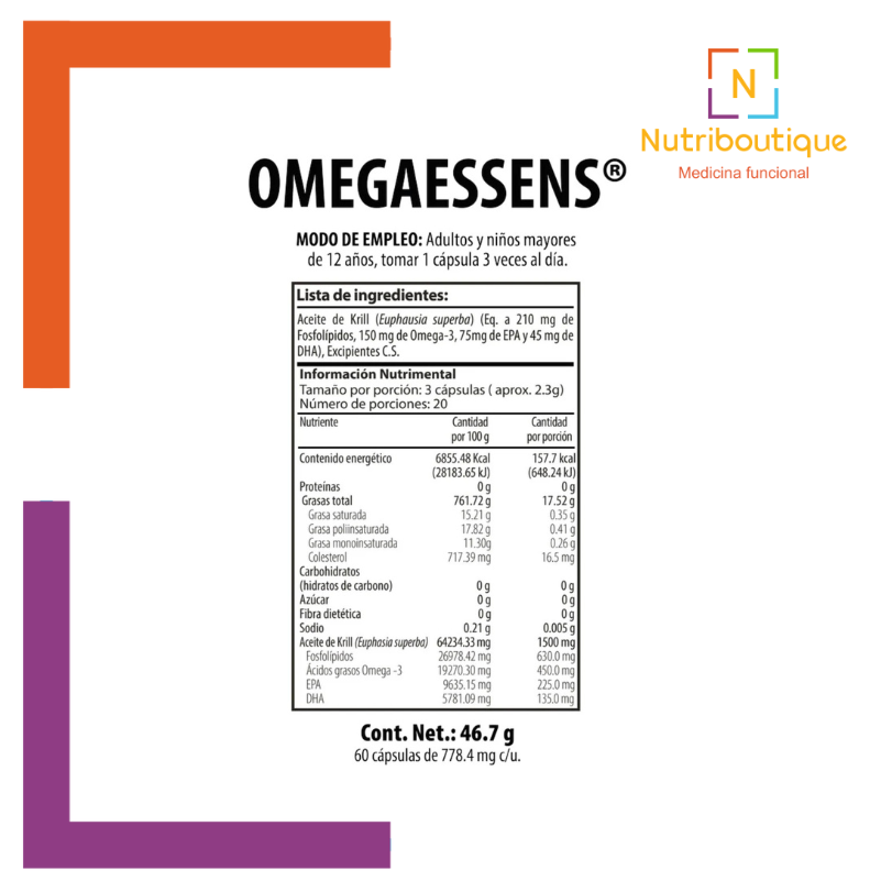 Imagen de la tabla nutrimental del producto Nutrabiotics Omegaessens. La imagen tiene el logotipo Nutriboutique Medicina Funcional. Incluye el contenido del producto: Aceite de krill, Fosfolípidos, Ácidos grasos omega 3, EPA, DHA.